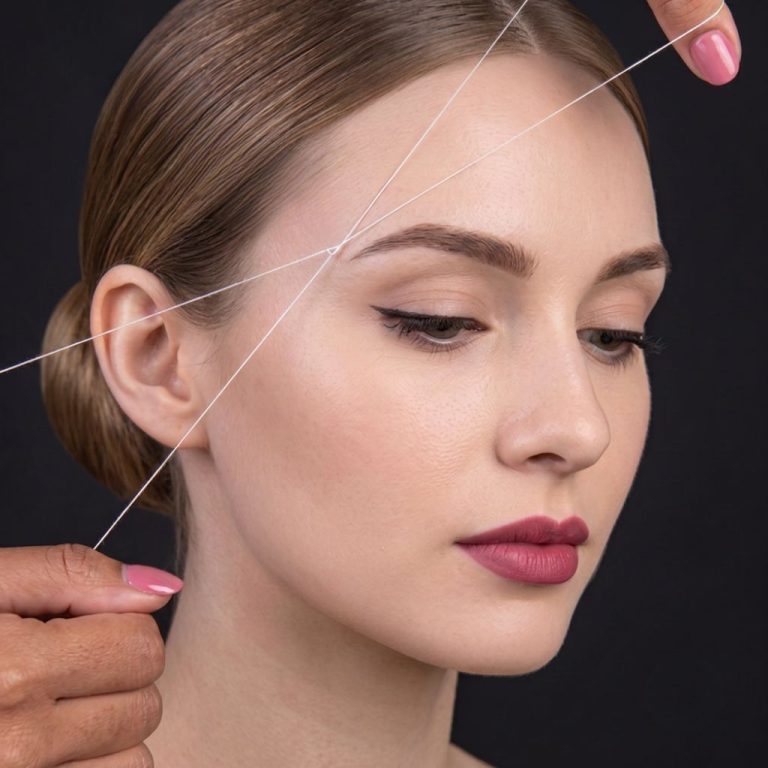 Technician performing eyebrow threading in Western Washington at a Kally Threading salon