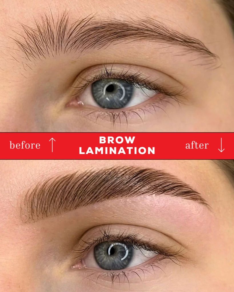 Brow lamination technician shaping and setting client's brows